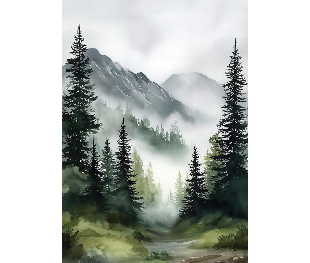 Misty Pine Forest Watercolor Print – Mountain Landscape Wall Art ...