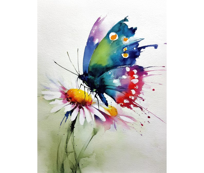Colorful Butterfly Watercolor Art Print – Vibrant Daisy Flower Wall Art ...
