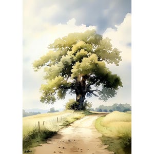 Old Oak Tree Art Print Watercolor Landscape Painting Summer Country Road Large Wall Art Farmhouse Rustic Décor Poster Gift For Mom