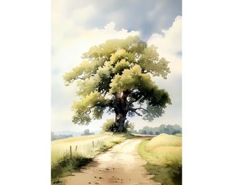Old Oak Tree Giclee Print, Watercolor Landscape Painting, Summer Country Road Poster, Large Wall Art, Farmhouse Rustic Décor, Gift For Mom