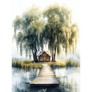 Stampa ad acquerello "Capanna di pescatori sul lago", salici rustici, molo di legno e riflessi tranquilli, accogliente decorazione murale in stile cottagecore
