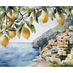 Impresión giclée de acuarela de limones de Positano: arte mural de la costa italiana de Amalfi para cocina o comedor, un recuerdo de viaje.