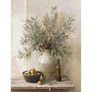 May include: A still life painting featuring a vase of olive branches, a bowl of olives, and a green glass bottle on a wooden table. The vase is off-white with a textured surface. Olives are green, bottle is brown.