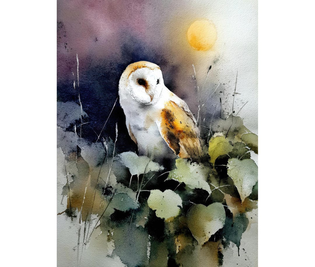 Night Barn Owl Watercolor Giclée Art Print – Moonlit Forest Bird Wall ...