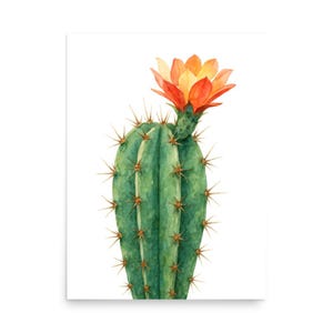 Kaktus Blume Aquarell Druck • Grüne Säule Kakteen Wand Kunst Giclée Poster • Moderne Boho Wüste Botanisches Dekor • Südwestliches großes Kunstwerk