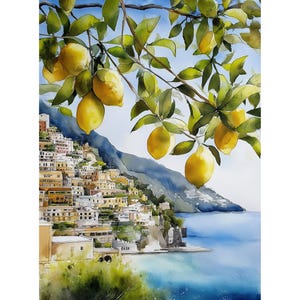 Positano Italy Lemon Tree Watercolor Print – Amalfi Coast Art, Mediterranean Landscape Wall Art, Italian Summer Seaside