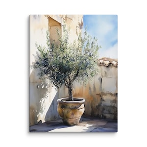 May include: Watercolor painting of an olive tree in a large, weathered pot. The tree has green leaves and a brown trunk. The pot is a muted gold color. The background features a textured, off-white wall and a glimpse of blue sky.