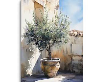 Olive Tree Watercolor Canvas Print – Mediterranean Wall Art for Kitchen Dining Room Rustic Home Décor