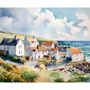 Cornish Coastal Village Watercolor Art Print, Seaside Cottages on Clifftops Ocean Landscape Wall Art, Cornwall Beach House Decor Painting