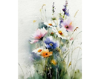 Impresión giclée en acuarela de flores silvestres – Arte mural estilo cottagecore, pintura botánica floral, decoración primaveral para el hogar
