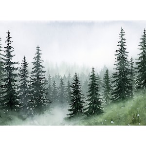Misty Pine Forest Acquerello Pittura originale Minimalista Paesaggio nebbioso Opera d'arte Alberi sempreverdi Decorazione della parete di casa Arte originale in un unico pezzo