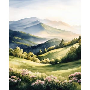 Watercolor Mountain Peony Meadow Wall Art Print, Alpine Landscape Poster, Rustic Cottage Home Décor, Misty Forest Painting, Anniversary Gift