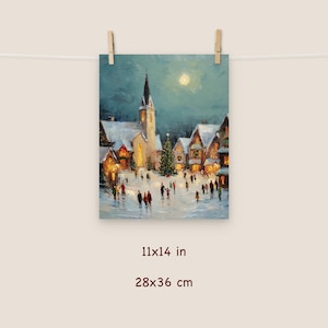 May include: An 11x14 inch print of a winter village scene. The painting depicts a church with a tall steeple, snow-covered buildings, and a Christmas tree. The artwork has a soft, painterly style with a full moon in the background.