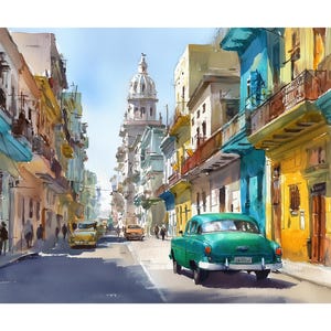 Havana Watercolor Art Print, Cuban Street Scene Classic Green Car, Capitolio Dome Cityscape, Vintage Travel Wall Art, Giclée Fine-Art Print