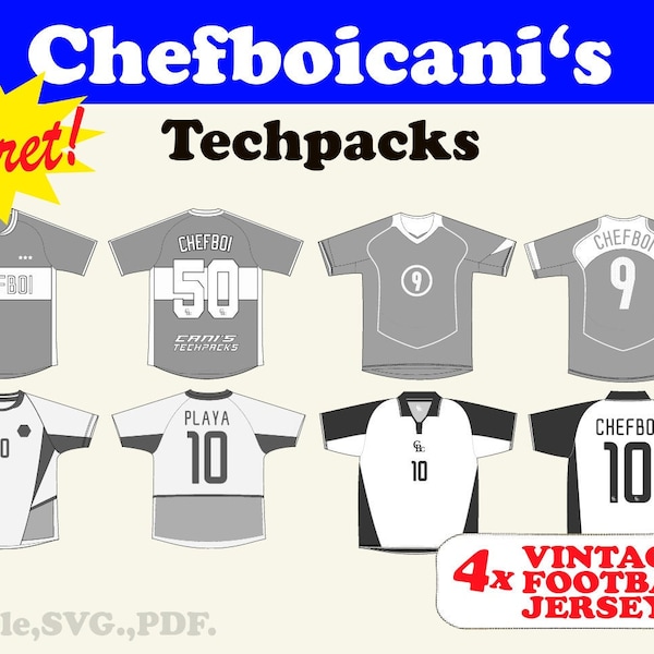 Chefboicanis Football Soccer Jersey Mockup Pack avec Techpack SVG Vector Sketches pour la conception de mode dans Adobe Illustrator et Procreate
