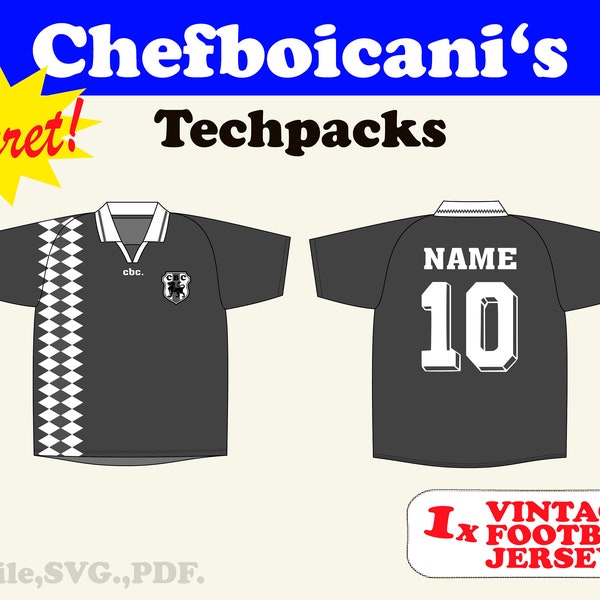 Chefboicanis Vintage Football Soccer Jersey Mockup with Techpack SVG Vector Sketches for Fashion Design in Adobe Illustrator and Procreate