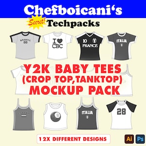 May include: A mockup pack of 12 different Y2K baby tees, crop tops, and tank tops. The designs feature various graphics and text, including "Brasil", "I love CBC", "10 France", "Italia", "Espana", "8 ball", "Italia", and "28".