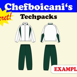 May include: Illustration of a white and green tracksuit, featuring a zip-up jacket and matching pants. The jacket has green accents on the sleeves and shoulders. The text "Chefboicani's Techpacks" is displayed above the tracksuit.