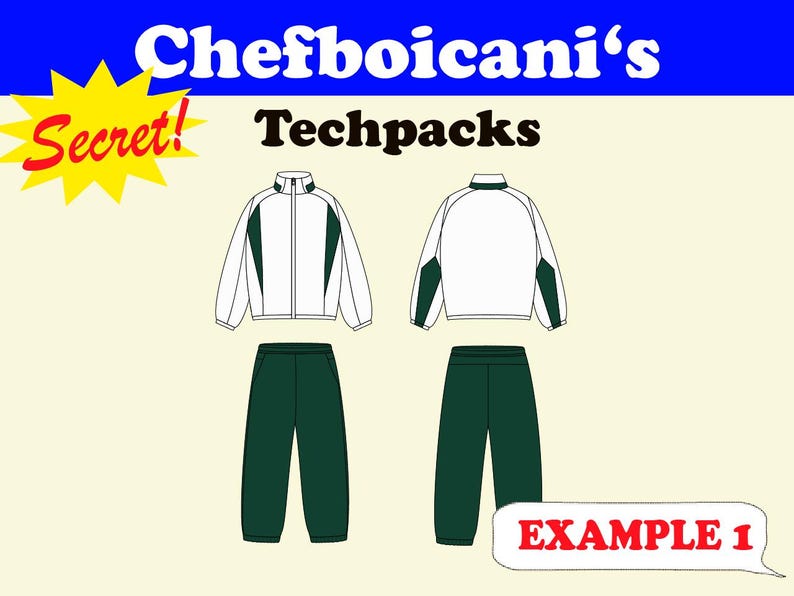 May include: Illustration of a white and green tracksuit, featuring a zip-up jacket and matching pants. The jacket has green accents on the sleeves and shoulders. The text "Chefboicani's Techpacks" is displayed above the tracksuit.
