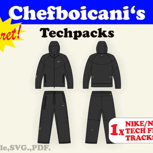 Chefboicanis Tech Fleece Tracksuit Mockup with Techpack SVG Vector Sketches for Fashion Design in Adobe Illustrator and Procreate