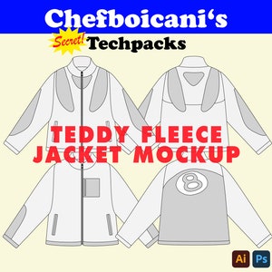 May include: A white teddy fleece jacket mockup with a zip fastening and two pockets. The jacket has a grey panel on the back with a white number 8. The text "Teddy Fleece Jacket Mockup" is written in red letters.