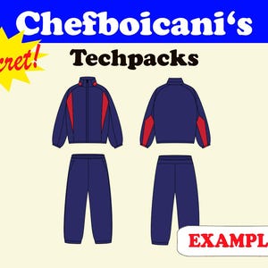 May include: Illustration of a navy blue tracksuit with red accents. The jacket and pants are displayed in front and back views. The text "Chefboicani's Secret! Techpacks" is at the top, with "EXAMPLE 3" in a speech bubble at the bottom.