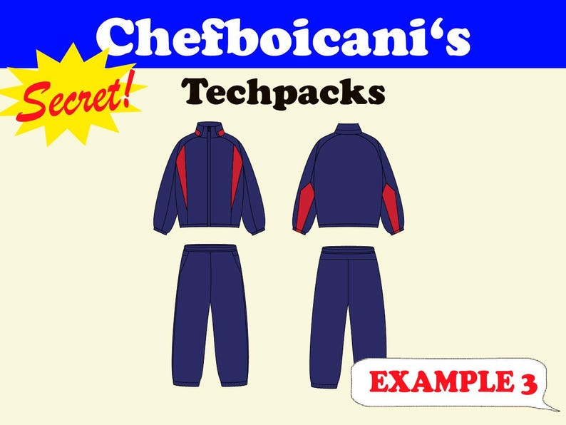 May include: Illustration of a navy blue tracksuit with red accents. The jacket and pants are displayed in front and back views. The text "Chefboicani's Secret! Techpacks" is at the top, with "EXAMPLE 3" in a speech bubble at the bottom.