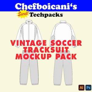 Op de afbeelding: Een mockup-pakket met een vintage voetbal trainingspak ontwerp. Het trainingspak is wit met grijze accenten en een grijze broek. De tekst "Chefboicani's Techpacks" staat bovenaan, met "VINTAGE SOCCER TRACKSUIT MOCKUP PACK" in het rood.