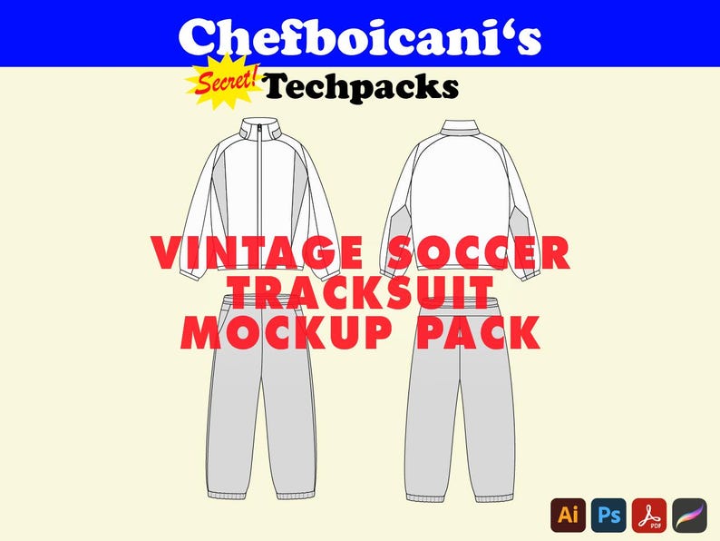 May include: A mockup pack featuring a vintage soccer tracksuit design. The tracksuit is white with gray accents and gray pants. The text "Chefboicani's Techpacks" is at the top, with "VINTAGE SOCCER TRACKSUIT MOCKUP PACK" in red.
