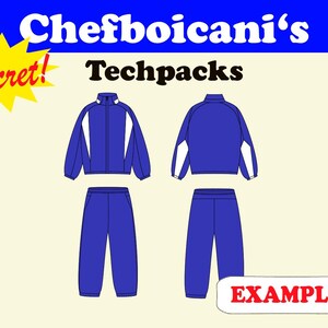May include: Illustration of a blue tracksuit set, including a jacket and pants. The jacket has white accents on the sleeves and sides. The text "Chefboicani's Techpacks" is displayed above the tracksuit. The word "Secret!" is in a yellow starburst.