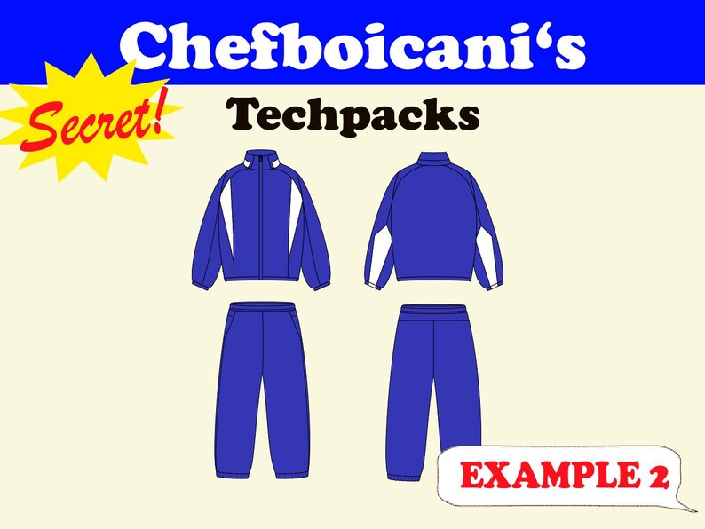 May include: Illustration of a blue tracksuit set, including a jacket and pants. The jacket has white accents on the sleeves and sides. The text "Chefboicani's Techpacks" is displayed above the tracksuit. The word "Secret!" is in a yellow starburst.