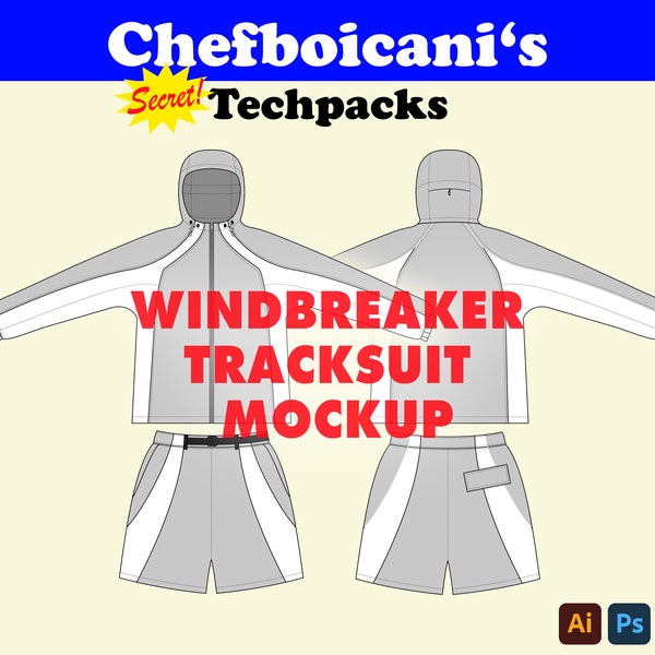 Chefboicanis Windbreaker Trainingsanzug Mockup Pack mit Techpack SVG Vektor-Skizzen für Mode-Design in Adobe Illustrator und Procreate