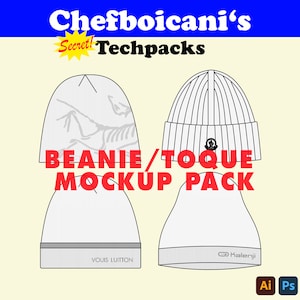 Puede incluir: Un paquete de maquetas de dos gorros blancos o gorras. Un gorro tiene un diseño de canalé y el otro tiene un estampado gráfico. El texto "BEANIE/TOQUE MOCKUP PACK" está en letras rojas. El texto "Secret! Techpacks" está en letras rojas con una estrella amarilla. El texto "Chefboicani's" está en letras negras.