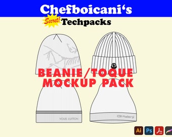 Pack de maquettes de bonnet / tuque Chefboicanis avec des croquis vectoriels Techpack SVG pour la création de mode dans Adobe Illustrator et Procreate