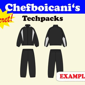May include: Illustration of a black tracksuit with white accents on the shoulders and arms. The text "Chefboicani's Techpacks" is at the top, with "Secret!" in a yellow burst. "EXAMPLE 4" is in a speech bubble.