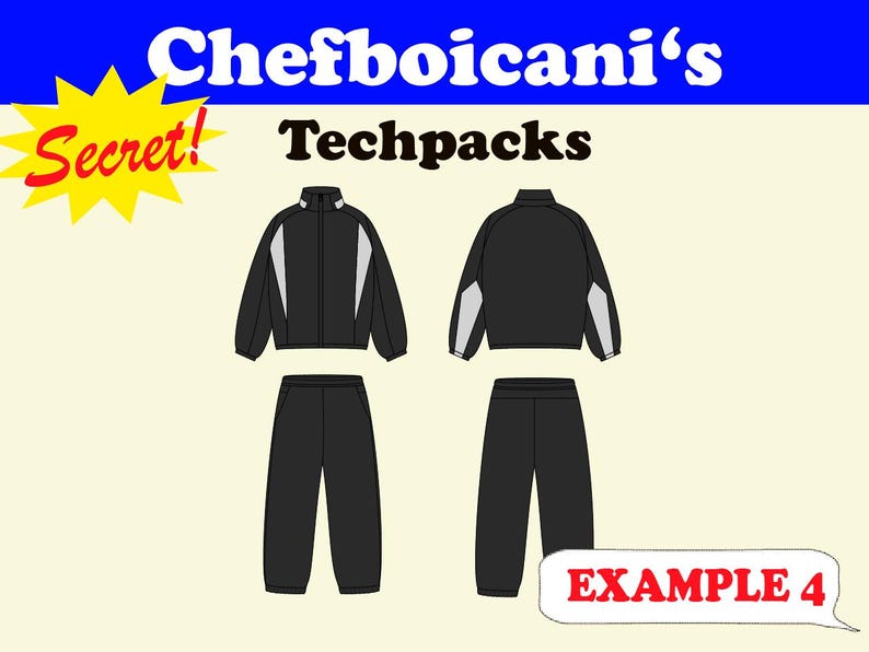 May include: Illustration of a black tracksuit with white accents on the shoulders and arms. The text "Chefboicani's Techpacks" is at the top, with "Secret!" in a yellow burst. "EXAMPLE 4" is in a speech bubble.