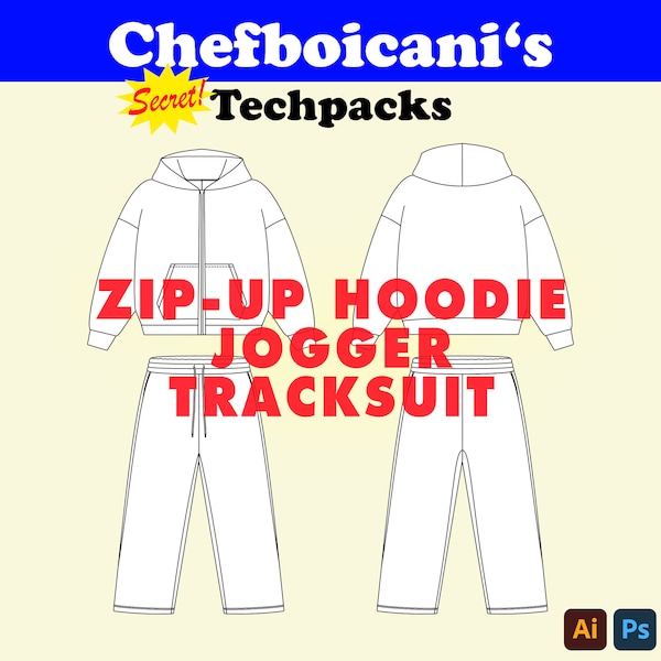 Chefboicanis Streetwear Zip-Up Hoodie and Jogger Tracksuit Mockup with Techpack SVG Vector Sketches for Fashion Design