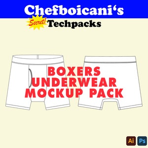 Puede incluir: Un paquete de maquetas de calzoncillos con el texto "BOXERS UNDERWEAR MOCKUP PACK" en rojo. El paquete incluye dos vistas diferentes del calzoncillo, una con la parte delantera y otra con la parte trasera.