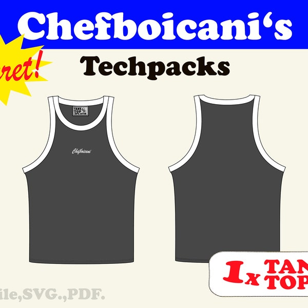Chefboicanis Tank-Top Mockup with Techpack SVG Vector Sketches for Fashion Design in Adobe Illustrator and Procreate