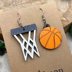 Basketball Earrings Dangle, Game Day Sports Earring, Handmade Wooden Jewelry Mismatched