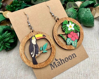 Tropical Flowers & Toucan Earrings, Nature Jewelry, Unique Botanical Summer Dangle Earring For Flower Nature Bird Lovers, Mothers Day Gift