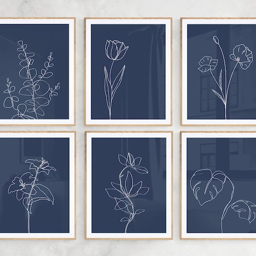Navy Blue Wall Art Botanical Print Set of 3 Floral Wall Art - Etsy
