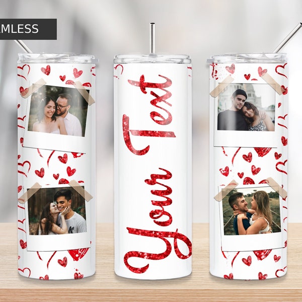 Photo Red Glitter Hearts, Love Valentines Day 20oz Skinny Tumbler Tapered, Straight Sublimation Full Wrap Png Digital Download