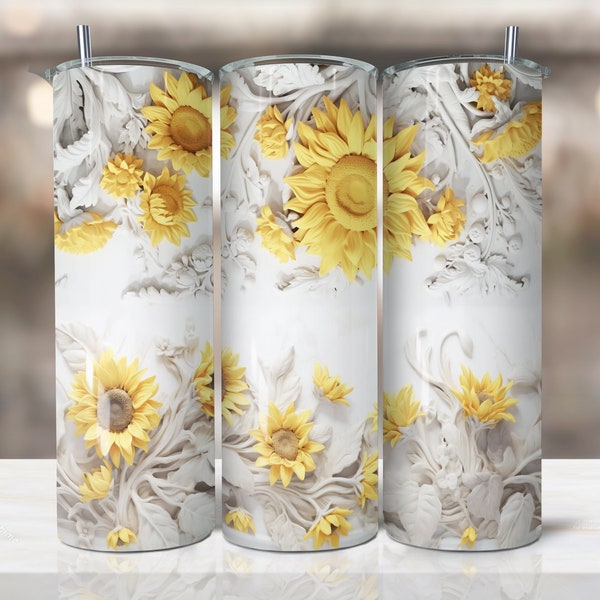 3d Sunflowers Tumbler Designs, sunflower 20oz Skinny Tumbler Wrap, Glitter Tumbler Template - PNG Digital Download. paper art sunflower.