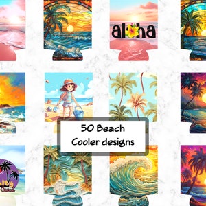 Op de afbeelding: 50 blikjeskoelerontwerpen met strandthema's, waaronder palmbomen, zonsondergangen, golven en een meisje met een emmer. Sommige ontwerpen bevatten tekst zoals "Aloha" en "Salty But Sweet".