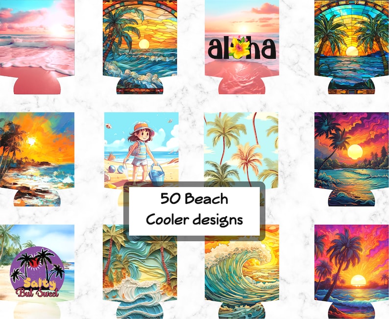 Op de afbeelding: 50 blikjeskoelerontwerpen met strandthema's, waaronder palmbomen, zonsondergangen, golven en een meisje met een emmer. Sommige ontwerpen bevatten tekst zoals "Aloha" en "Salty But Sweet".