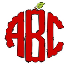 Teacher Apple Full Alphabet Individually Saved, Circle Monogram Scalloped Round Left Middle & Right,Back to School Doodle Letters PNG,A to Z