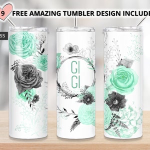 GIGI tumbler,Teal watercolor floral tumbler, 20oz Skinny Tumbler Sublimation Designs Tumbler PNG File Digital Download,Teal tumbler
