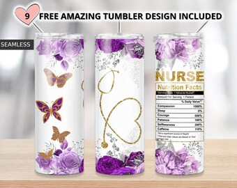 Purple Floral nurse tumbler,Gold glitter nurse 20oz Skinny Tumbler Sublimation Designs, Nurse PNG File Digital Download,Nurse life PNG