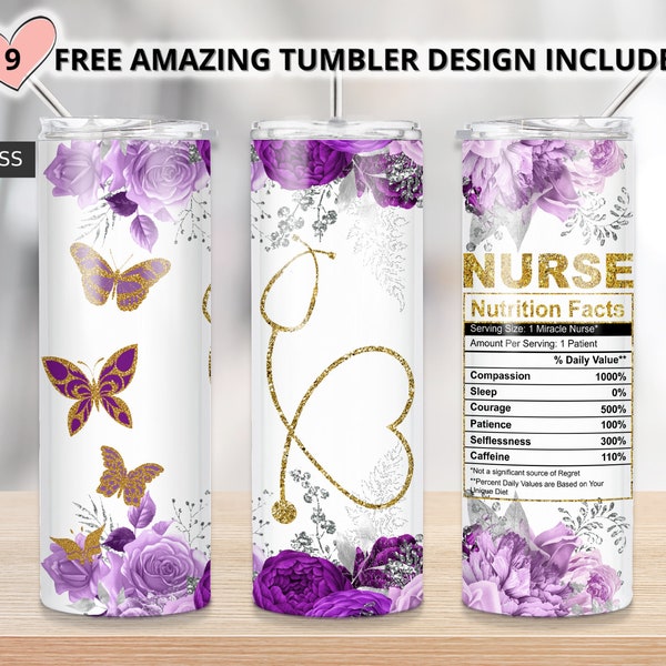 Purple Floral nurse tumbler,Gold glitter nurse 20oz Skinny Tumbler Sublimation Designs, Nurse PNG File Digital Download,Nurse life PNG